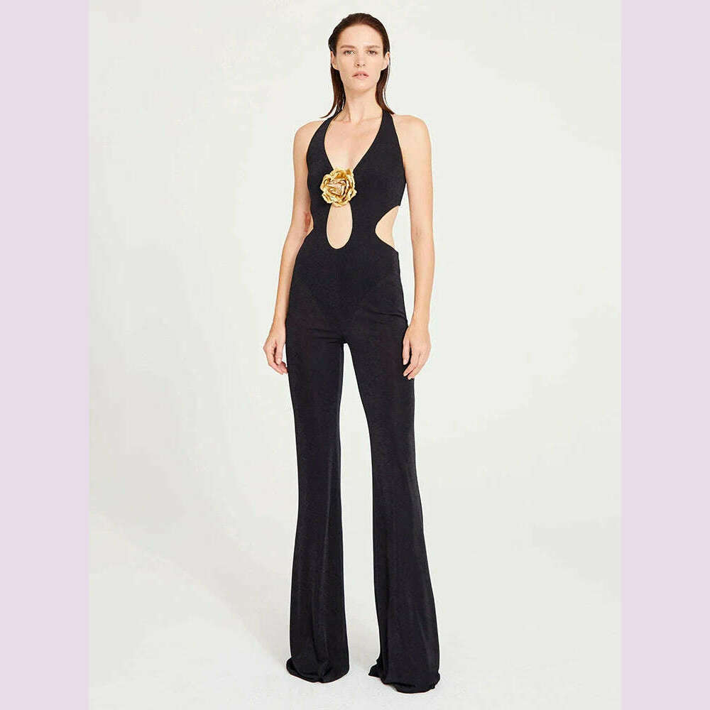 KIMLUD, VC Black Jumpsuit With Gold Lining 3D Stero Flower Details Key Hole Halter Backless Hollow Out Rommpers Cocktail Party Outfits, KIMLUD Womens Clothes