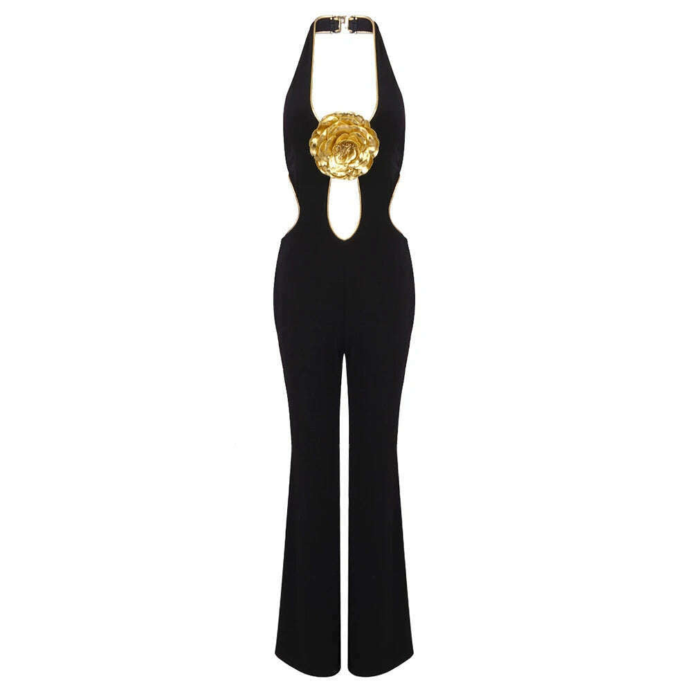 KIMLUD, VC Black Jumpsuit With Gold Lining 3D Stero Flower Details Key Hole Halter Backless Hollow Out Rommpers Cocktail Party Outfits, black / XS / CHINA, KIMLUD APPAREL - Womens Clothes