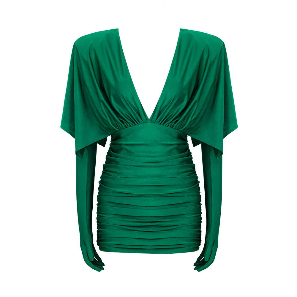 KIMLUD, VC Fashion Streetwear Women'S Dress For Special Event Sexy V Neck Draped Design Green Slim Thin Mini Dress With Gloves, green / XS, KIMLUD APPAREL - Womens Clothes