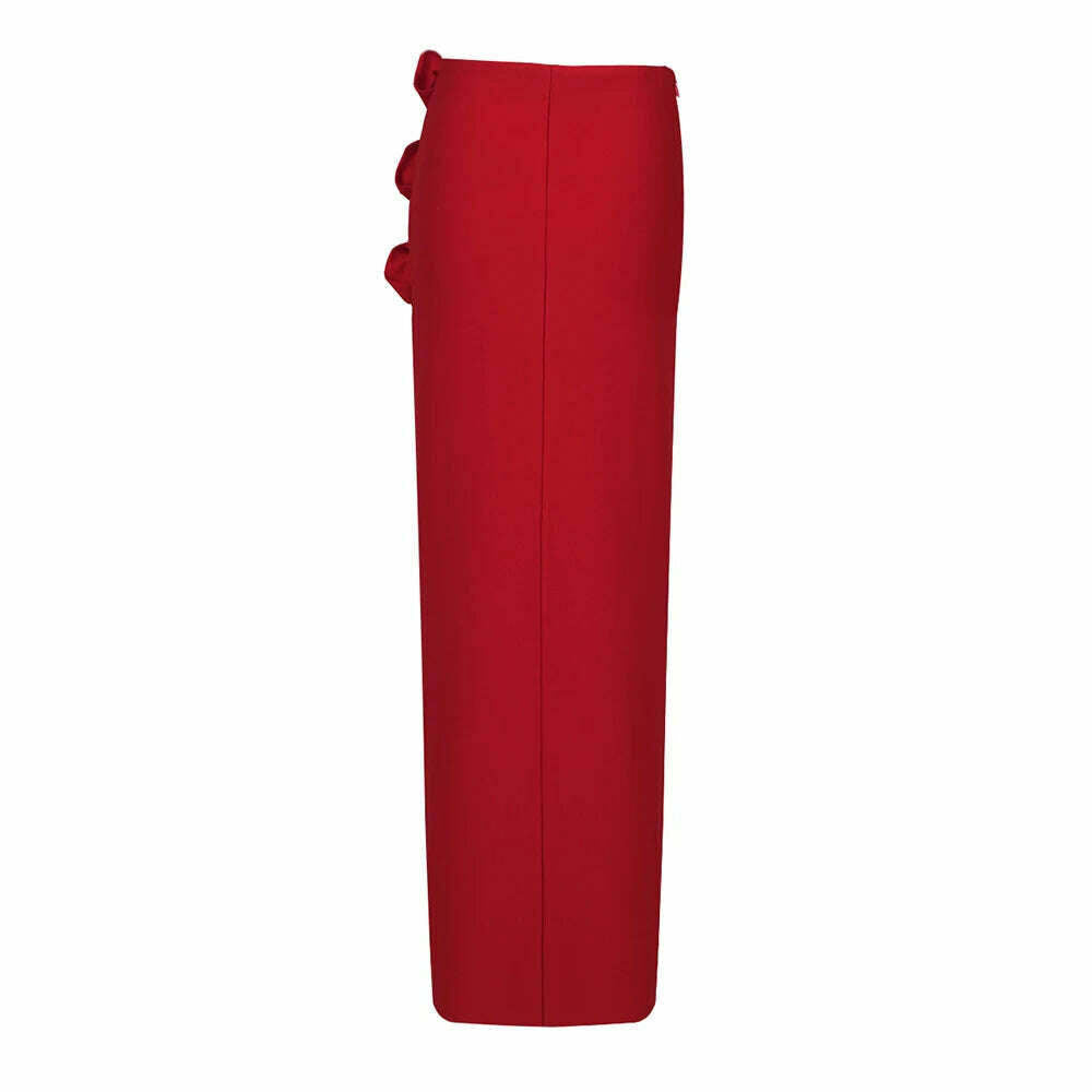 KIMLUD, VC Skirts For Women Christmas Party Wear Pretty 3D Flowers Decoration Red Bandage High Split Sexy Long Skirt, KIMLUD Womens Clothes