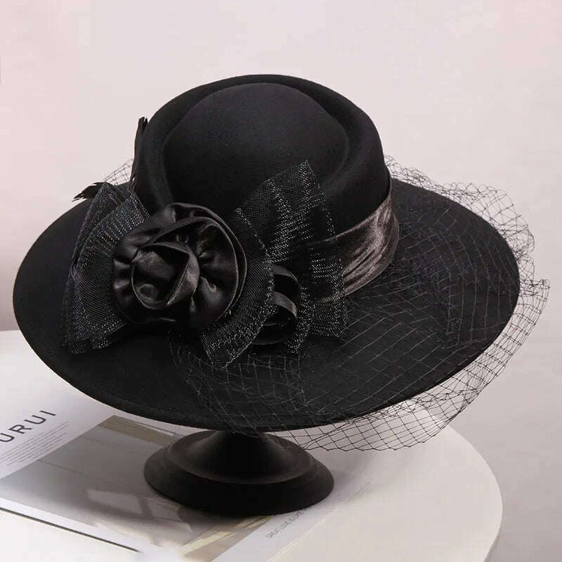 KIMLUD, Veil Black Women Winter Fedora 100% Australian Wool Cloche Hats Female Wide Brim Felt Hat Ladies Bowknot For Church Caps 56-58cm, Black / 56-58cm, KIMLUD APPAREL - Womens Clothes