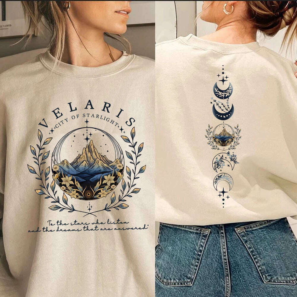 KIMLUD, Velaris ACOTAR Sweatshirt Velaris City of Starlight Front and Back Print SJM Hoodie Night Court Sarah J Mass Crewneck Sweatshirt, Khaki / M, KIMLUD APPAREL - Womens Clothes