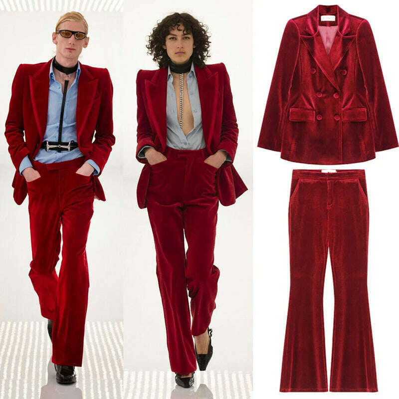 KIMLUD, Velvet Women's 2 Piece Suit Double Breasted Jacket Burgundy Party Tuxedo Pants Set costume deux pieces femme, KIMLUD Womens Clothes