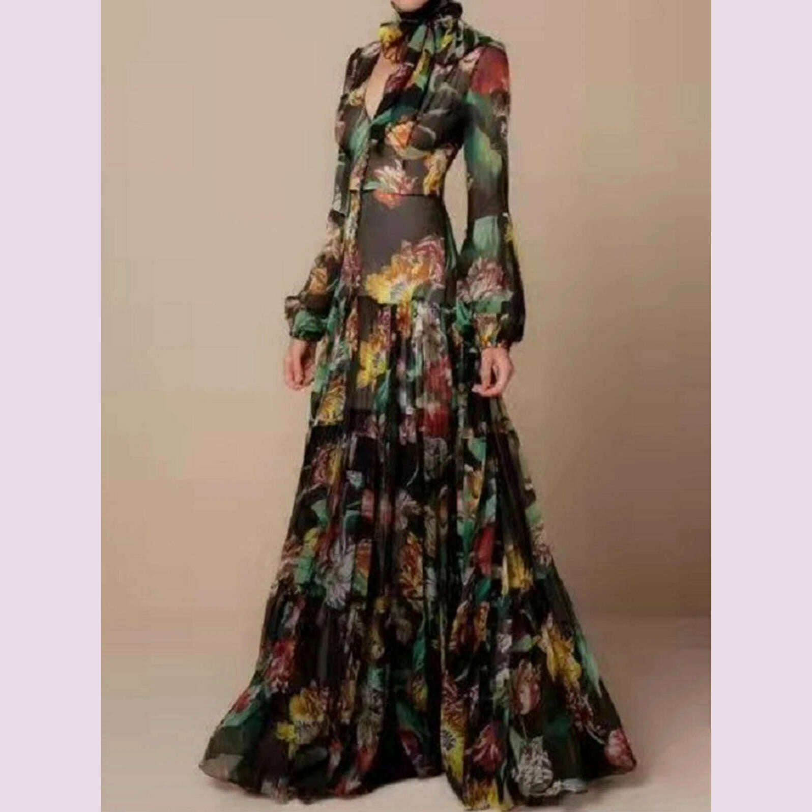 KIMLUD, Vestidos Ladies Elegant Floral Print Lantern Long Sleeve Casual Chiffon Dress V-Neck Large Swing Dress New Spring Autumn Dresses, MULTI / L / CHINA, KIMLUD APPAREL - Womens Clothes