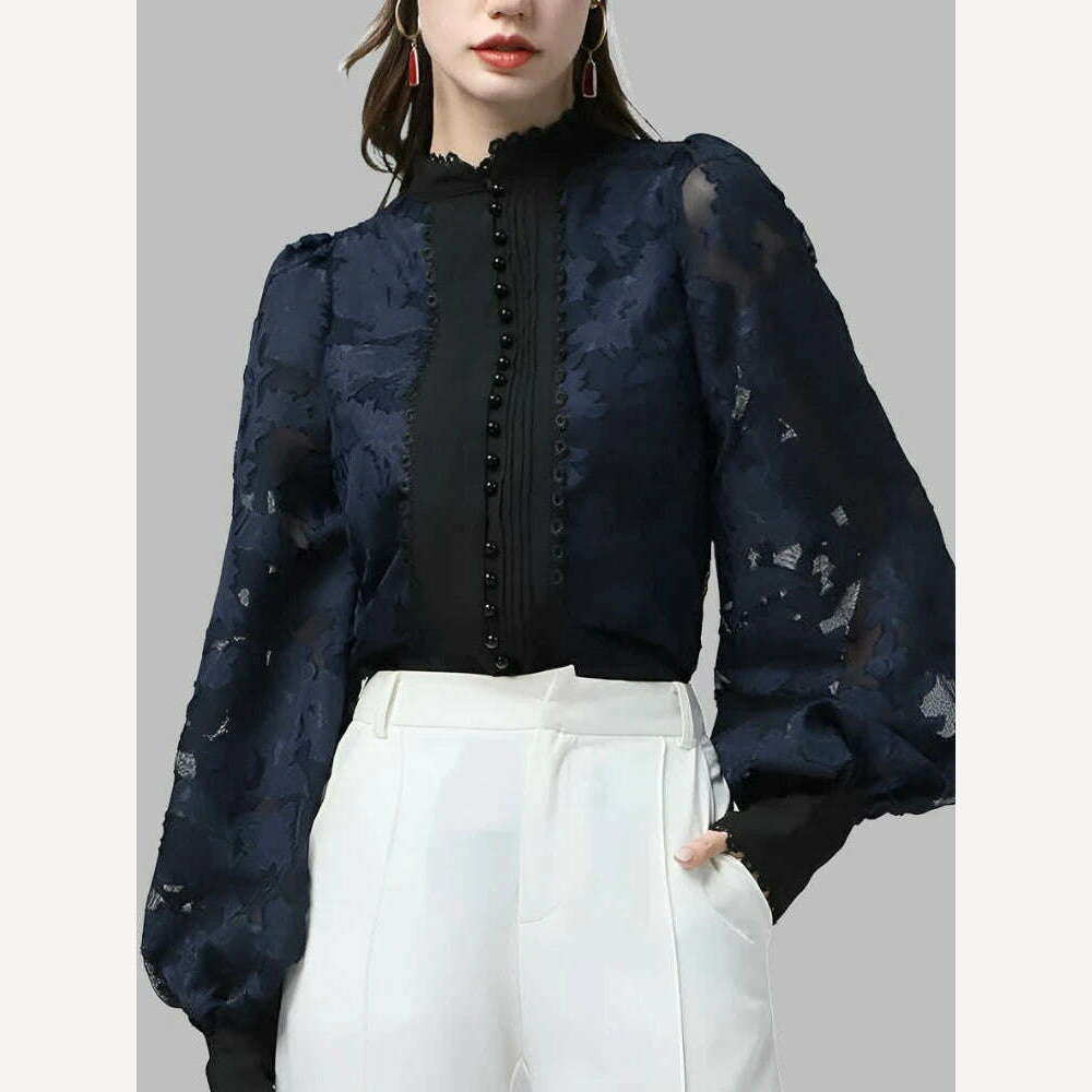 KIMLUD, VGH Elegant Minimalsit Shirts For Women Stand Collar Lantern Sleeve Patcwhork Lace Solid Temperament Blouses Female Fashion New, KIMLUD Womens Clothes