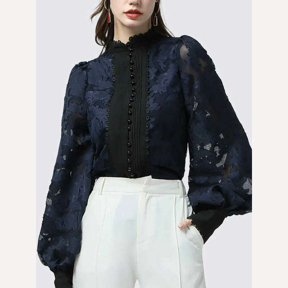 KIMLUD, VGH Elegant Minimalsit Shirts For Women Stand Collar Lantern Sleeve Patcwhork Lace Solid Temperament Blouses Female Fashion New, KIMLUD Womens Clothes