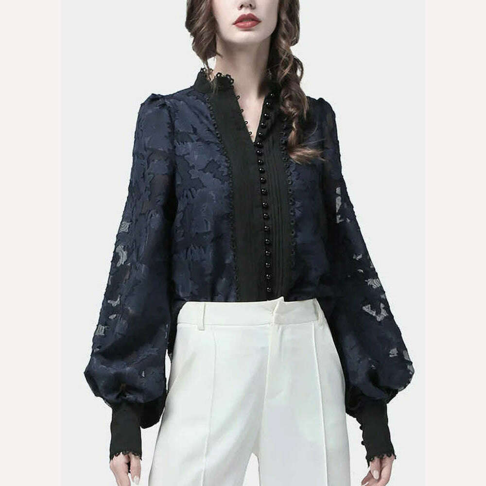 KIMLUD, VGH Elegant Minimalsit Shirts For Women Stand Collar Lantern Sleeve Patcwhork Lace Solid Temperament Blouses Female Fashion New, KIMLUD Womens Clothes