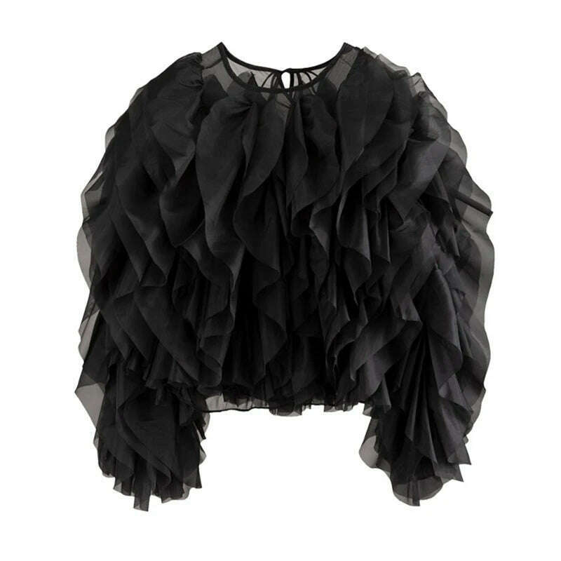 VGH Elegant Patchwork Ruffle Chiffon Blouses Women O Neck Lantern Long Sleeve Loose Shirt Female Clothes Fashion Summer 2022 New - KIMLUD