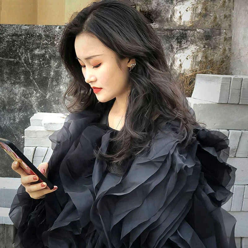 VGH Elegant Patchwork Ruffle Chiffon Blouses Women O Neck Lantern Long Sleeve Loose Shirt Female Clothes Fashion Summer 2022 New - KIMLUD