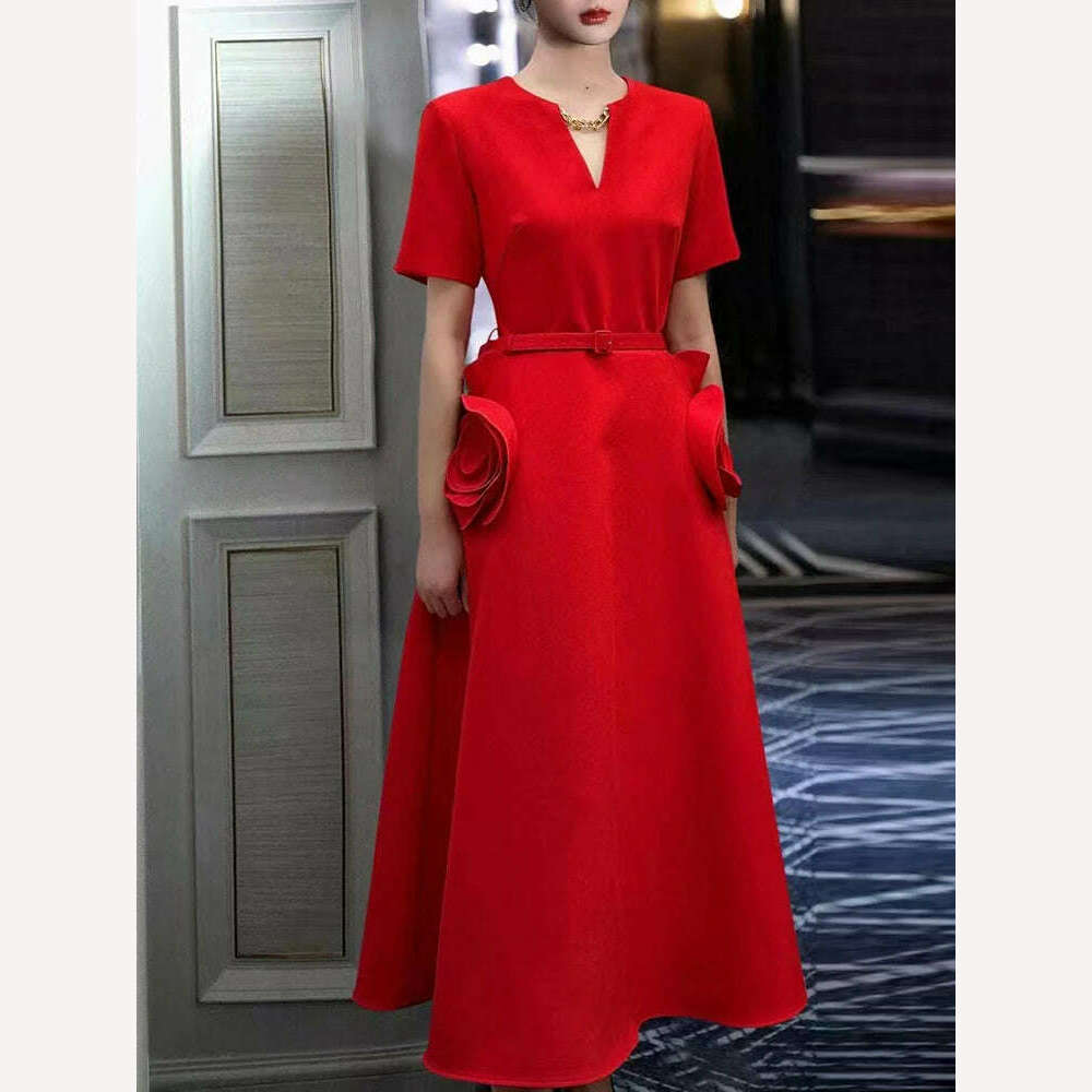 VGH Elegant Solid Patchwork Appliques Dresses For Women V Neck Short Sleeve High Waist Spliced Belt Temperament Dress Female New - KIMLUD