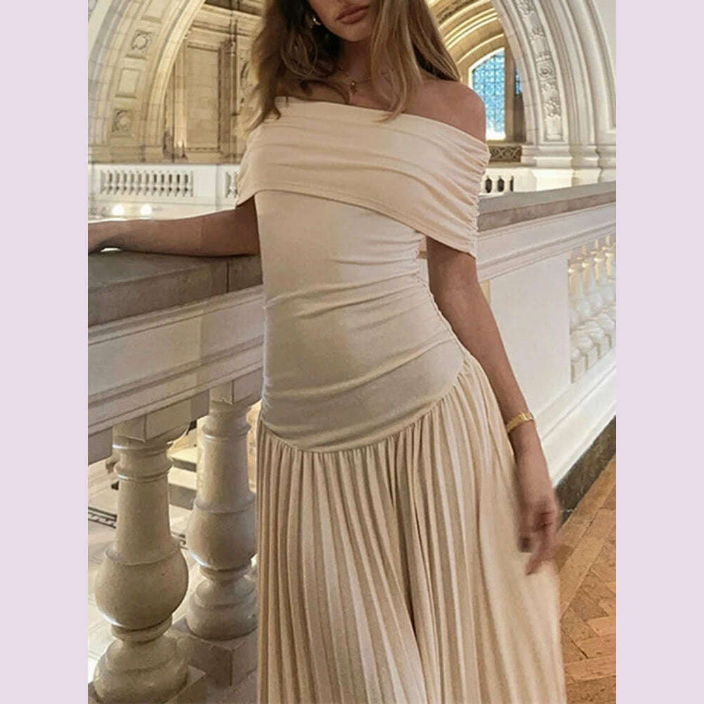 KIMLUD, VGH Elegant Spliced Folds Dress For Women Slash Neck Off The Shoulder Sleeve Backless High Waist Temperament Dresses Female New, KIMLUD Womens Clothes