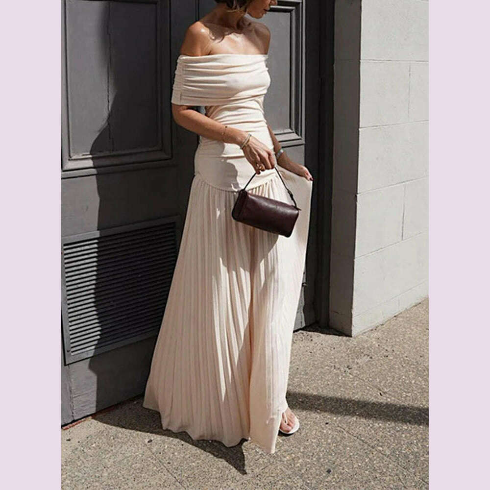 VGH Elegant Spliced Folds Dress For Women Slash Neck Off The Shoulder Sleeve Backless High Waist Temperament Dresses Female New - KIMLUD