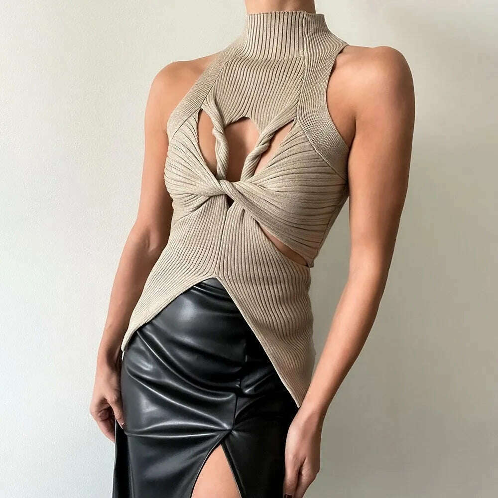 KIMLUD, VGH Fashion Minimalist Hollow Out Solid Sexy Tank Tops For Women Stand Collar Sleeveless Off Shoulder Irregular Vest Female New, khaki / M, KIMLUD APPAREL - Womens Clothes