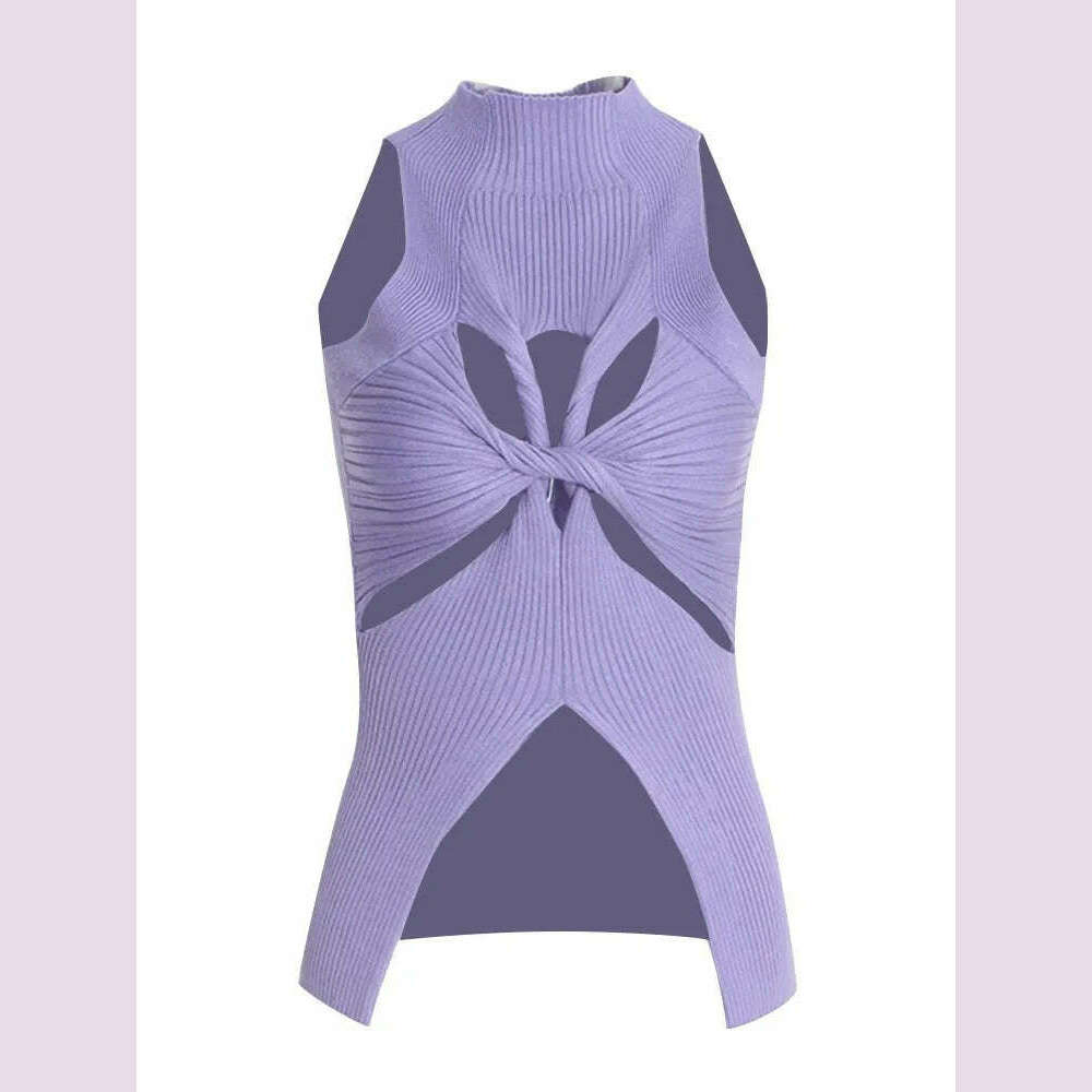 KIMLUD, VGH Fashion Minimalist Hollow Out Solid Sexy Tank Tops For Women Stand Collar Sleeveless Off Shoulder Irregular Vest Female New, purple / S, KIMLUD APPAREL - Womens Clothes