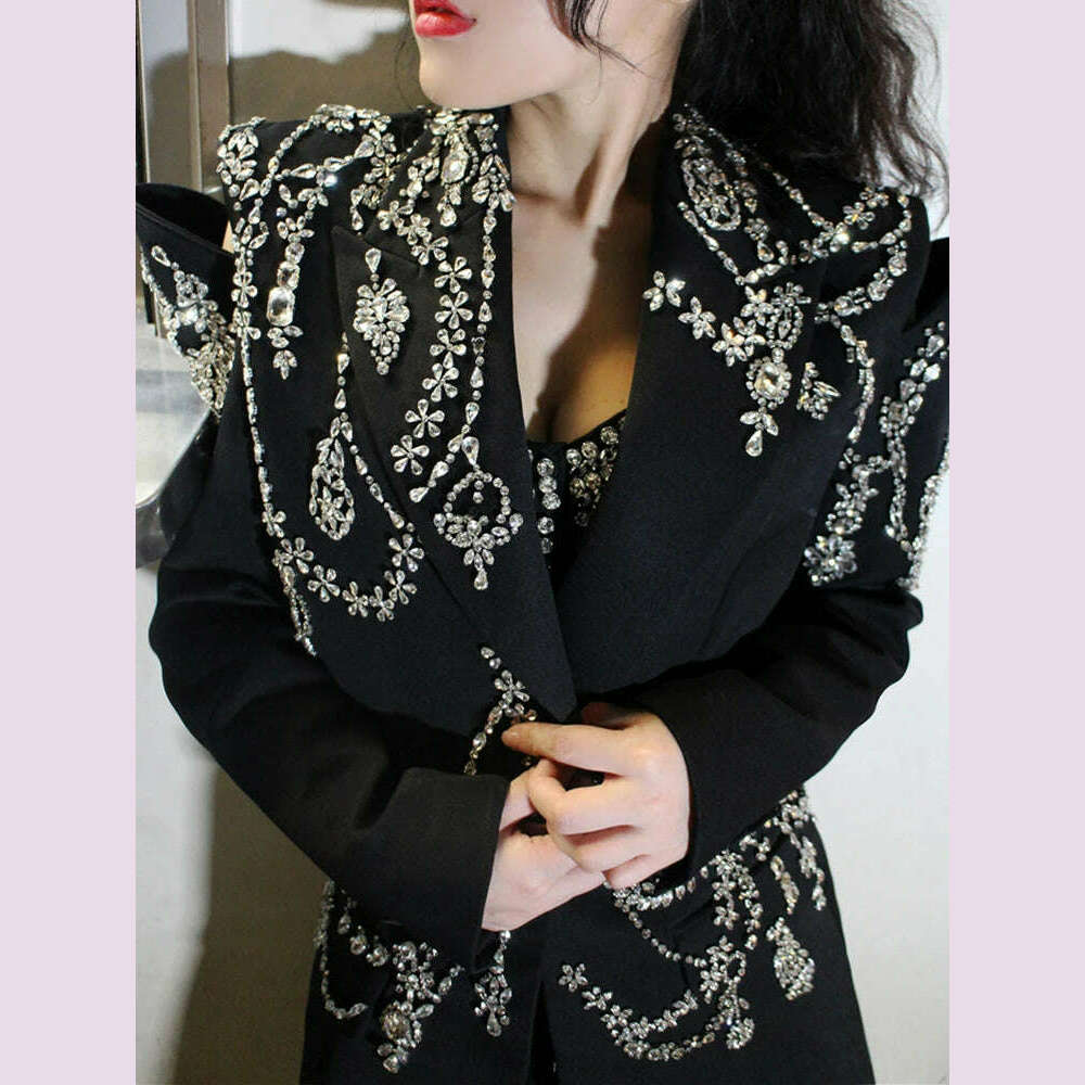 VGH Hollow Out Patchwork Diamonds Blazers For Women Notched Collar Long Sleeve Backless Streetwear Slimming Blazer Female New - KIMLUD