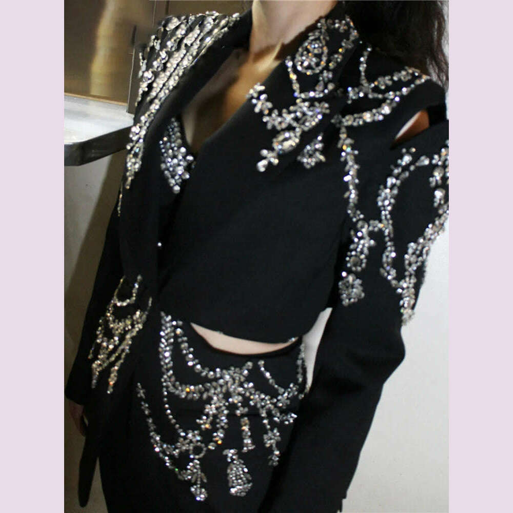 VGH Hollow Out Patchwork Diamonds Blazers For Women Notched Collar Long Sleeve Backless Streetwear Slimming Blazer Female New - KIMLUD