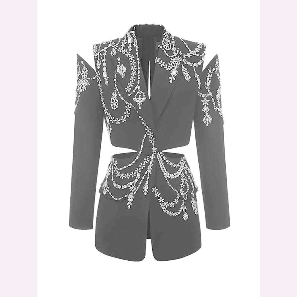 VGH Hollow Out Patchwork Diamonds Blazers For Women Notched Collar Long Sleeve Backless Streetwear Slimming Blazer Female New - KIMLUD