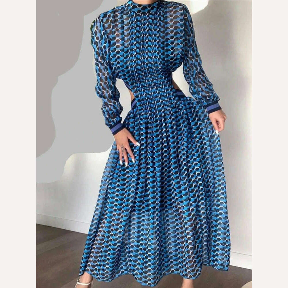 VGH Hollow Out Printing Elegant Dresses For Women Stand Collar Long Sleeve High Waist Minimalist Dress Female Fashion Clothing - KIMLUD