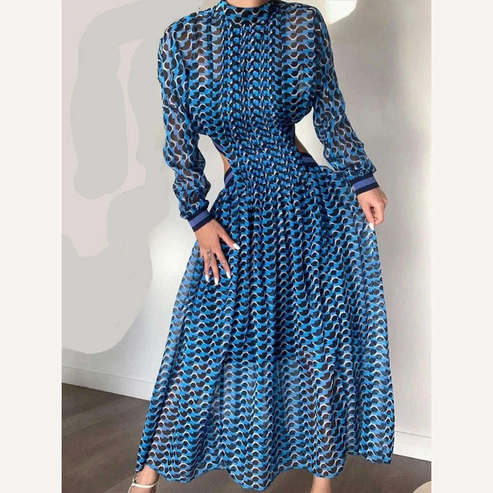 KIMLUD, VGH Hollow Out Printing Elegant Dresses For Women Stand Collar Long Sleeve High Waist Minimalist Dress Female Fashion Clothing, Blue / L, KIMLUD APPAREL - Womens Clothes