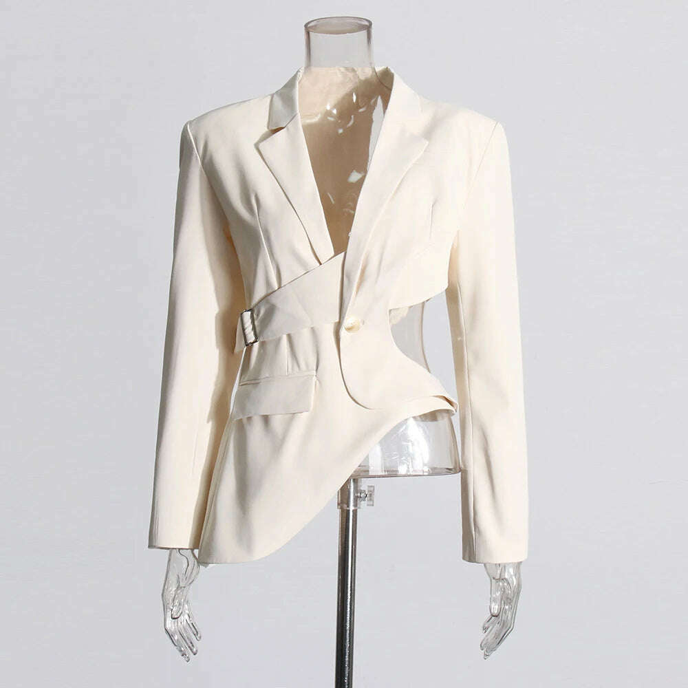 KIMLUD, VGH Irregular Hollow Out Elegant Blazer For Women Notched Collar Long Sleeve Spliced Button Temperament Slimming Blazers Female, WHITE / XL, KIMLUD APPAREL - Womens Clothes