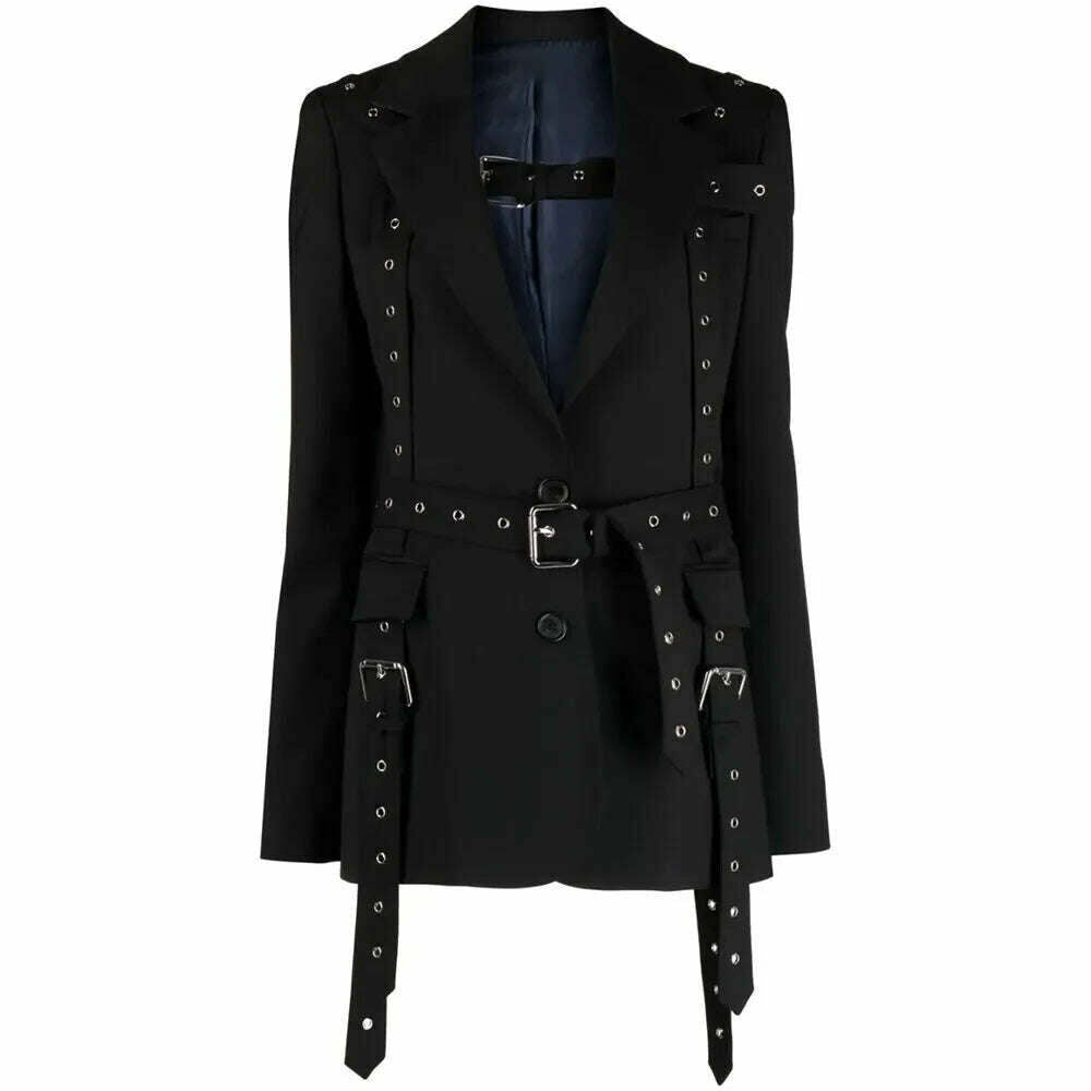 KIMLUD, VGH Patchwork Belt Solid Slimming Blazers For Women Notched Collar Long Sleeve Spliced Pockets Streetwear Blazer Female Fashion, Black / S, KIMLUD APPAREL - Womens Clothes