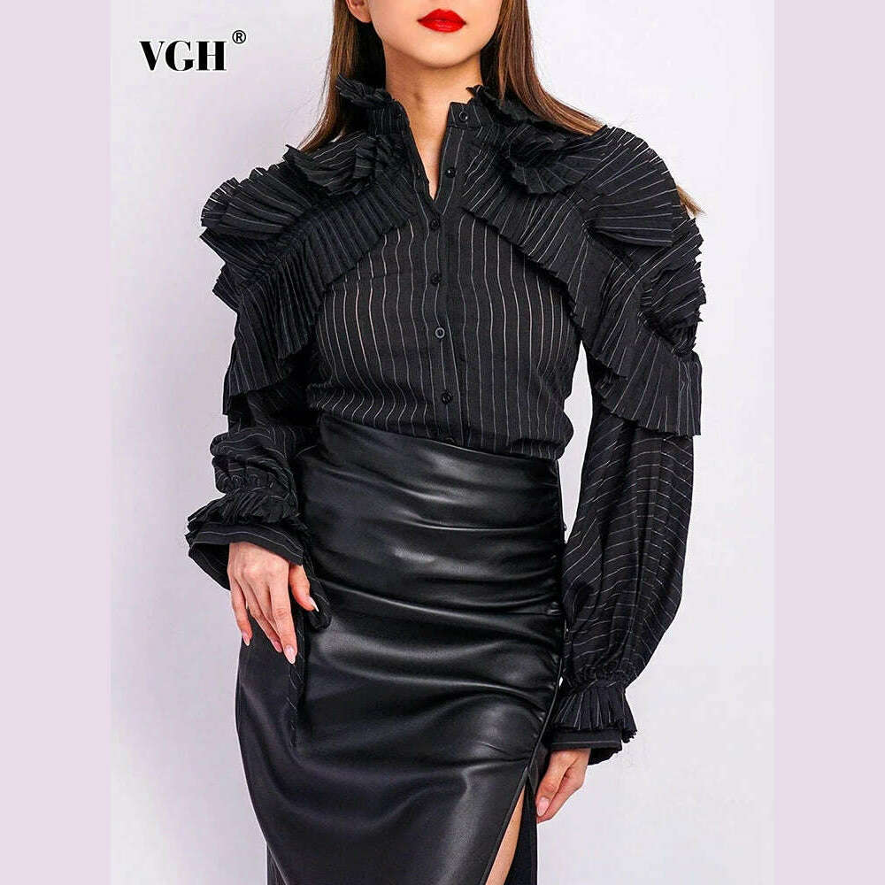 KIMLUD, VGH Patchwork Ruffles Striped Casual Blouses For Women Stand Collar Lantern Sleeve Spliced Single Breasted Chic Shirts Female, KIMLUD Womens Clothes