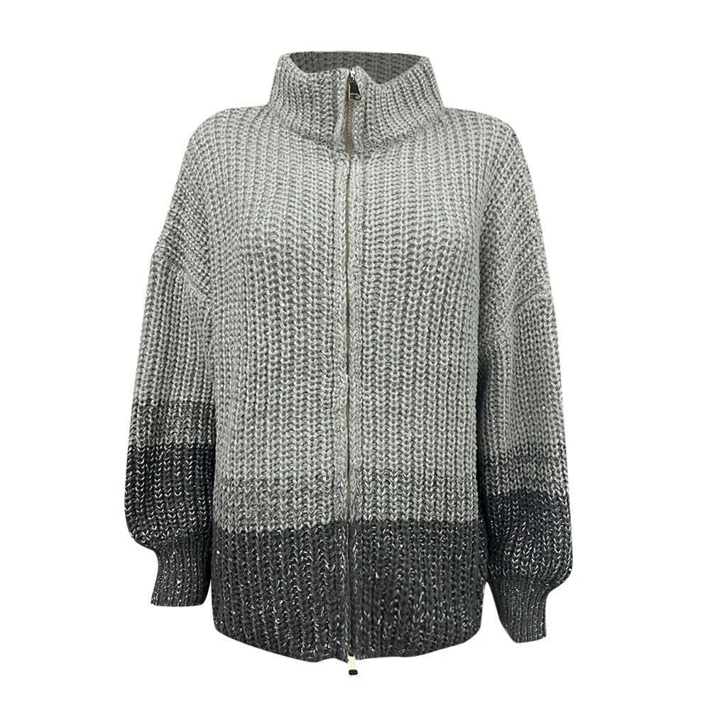 KIMLUD, VGH Patchwork Sequins Casual Knitting Sweaters For Women Stand Collar Lantern Sleeve Spliced Zipper Minimalist Cardigan Female, GRAY / S, KIMLUD APPAREL - Womens Clothes