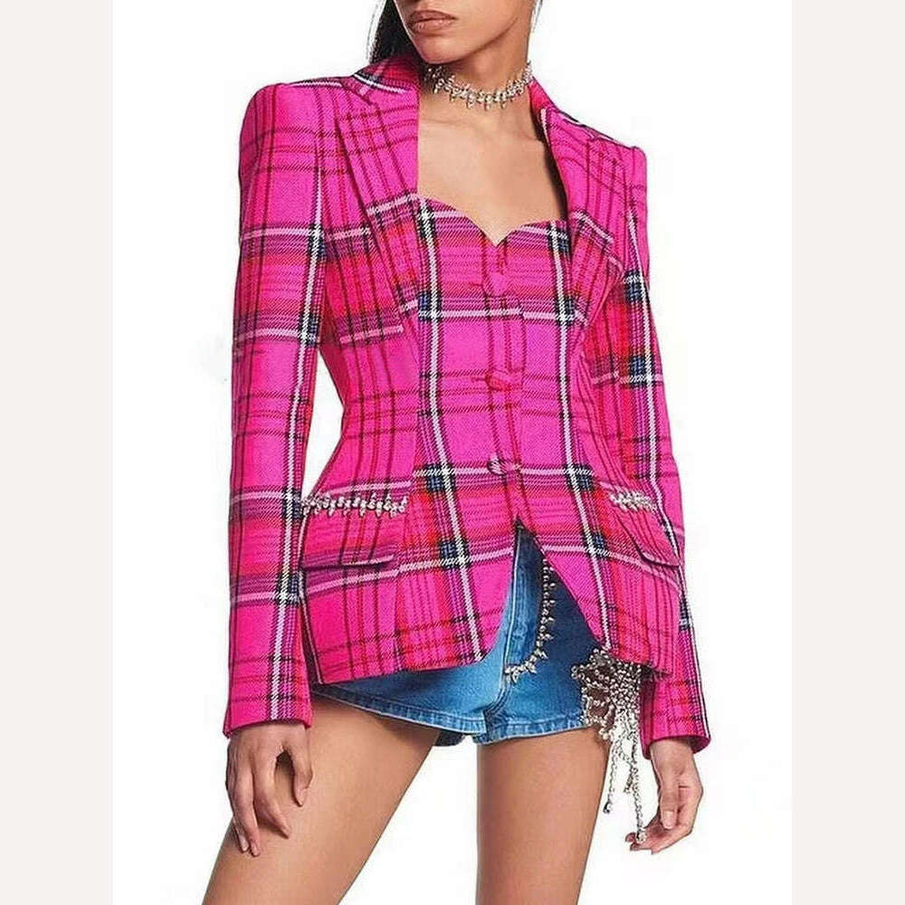 KIMLUD, VGH Plaid Colorblock Blazers For Women Notched Collar Long Sleeve Hollow Out High Waist Slimming Coats Female 2022 Fashion Style, rose / M, KIMLUD APPAREL - Womens Clothes