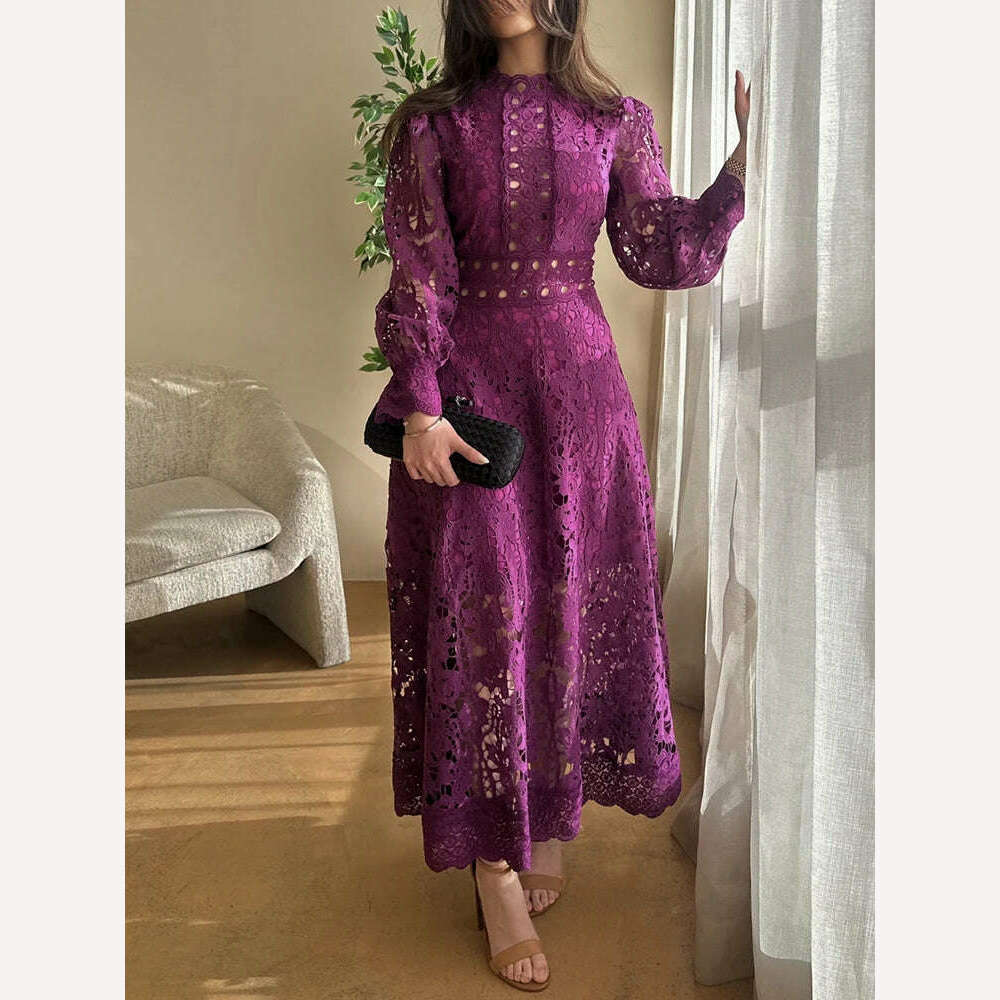 KIMLUD, VGH Purple Hollow Out Elegant Dress For Women Round Neck Lantern Sleeve High Waist Embroidery Dresses Female Fashion New 2024, KIMLUD Womens Clothes