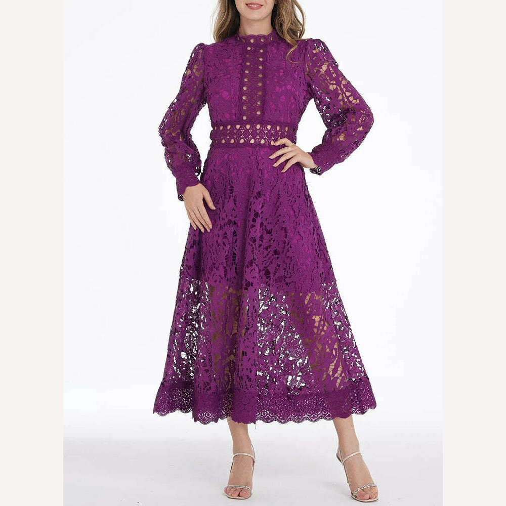 KIMLUD, VGH Purple Hollow Out Elegant Dress For Women Round Neck Lantern Sleeve High Waist Embroidery Dresses Female Fashion New 2024, KIMLUD Womens Clothes