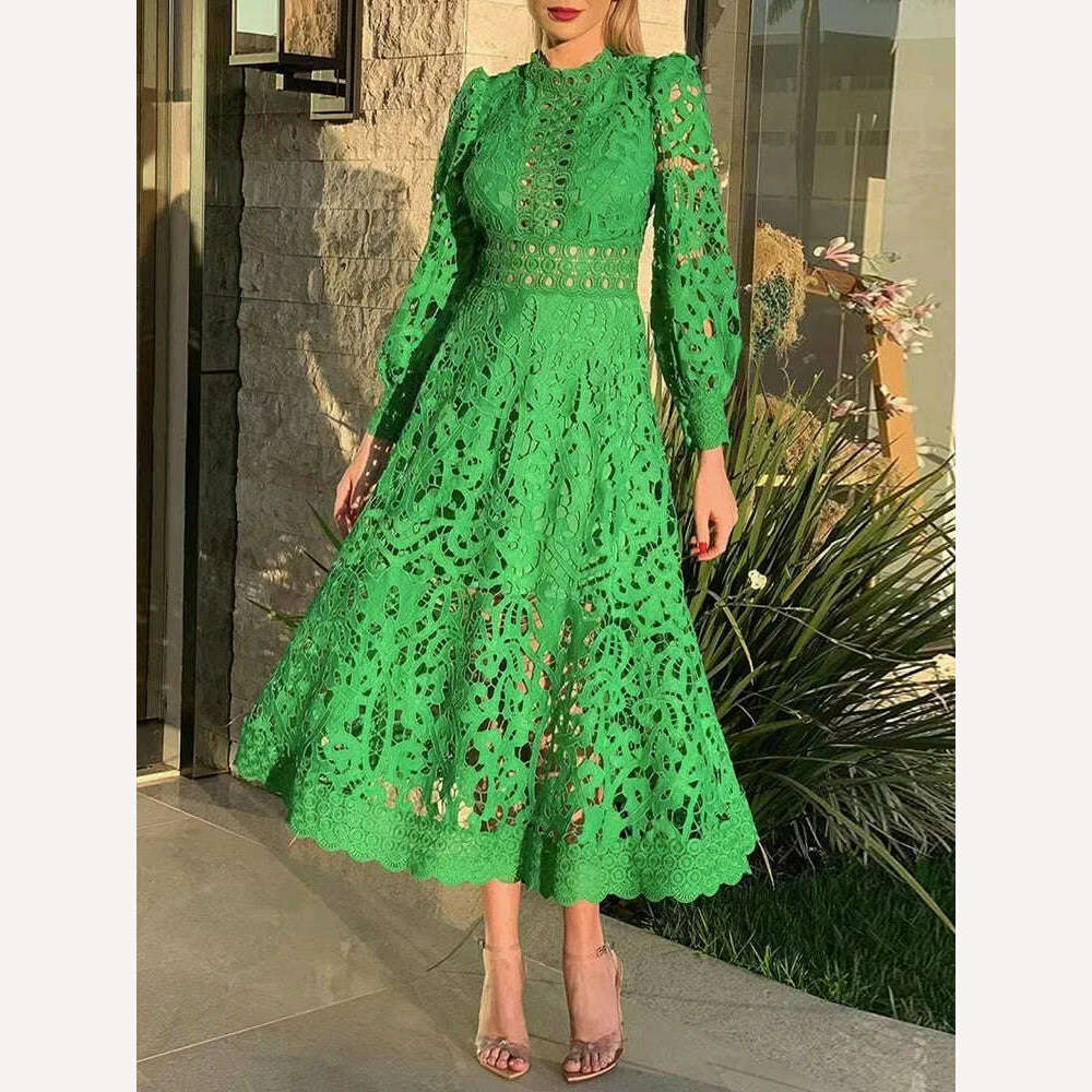 KIMLUD, VGH Purple Hollow Out Elegant Dress For Women Round Neck Lantern Sleeve High Waist Embroidery Dresses Female Fashion New 2024, XL / Green, KIMLUD APPAREL - Womens Clothes