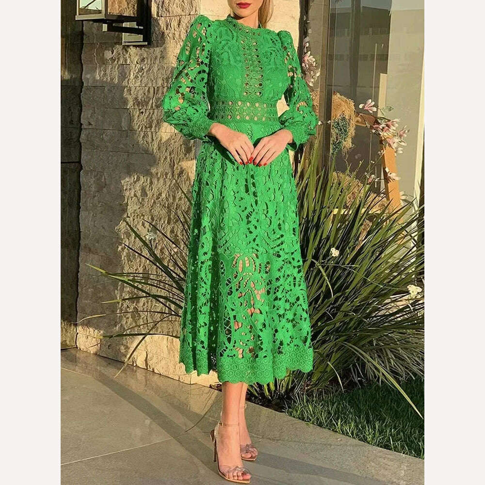 VGH Purple Hollow Out Elegant Dress For Women Round Neck Lantern Sleeve High Waist Embroidery Dresses Female Fashion New 2024 - KIMLUD