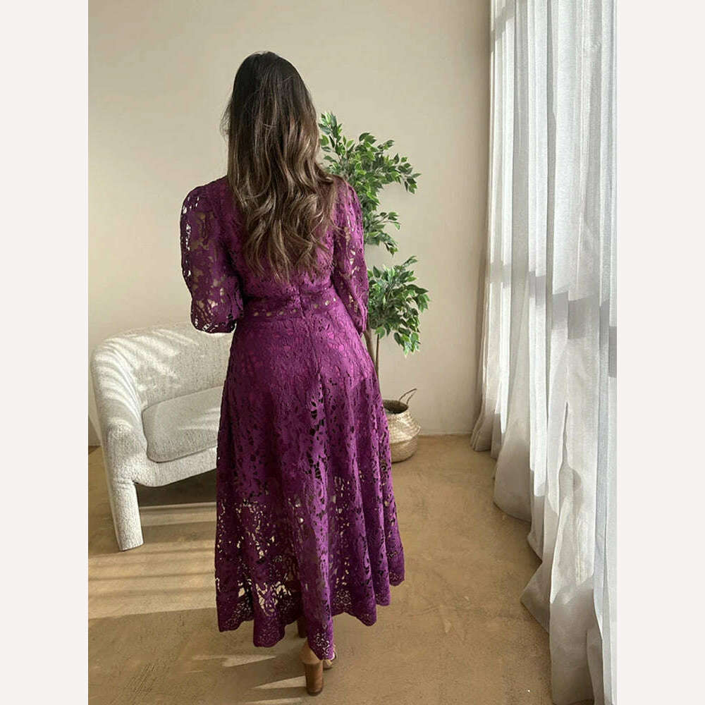 VGH Purple Hollow Out Elegant Dress For Women Round Neck Lantern Sleeve High Waist Embroidery Dresses Female Fashion New 2024 - KIMLUD