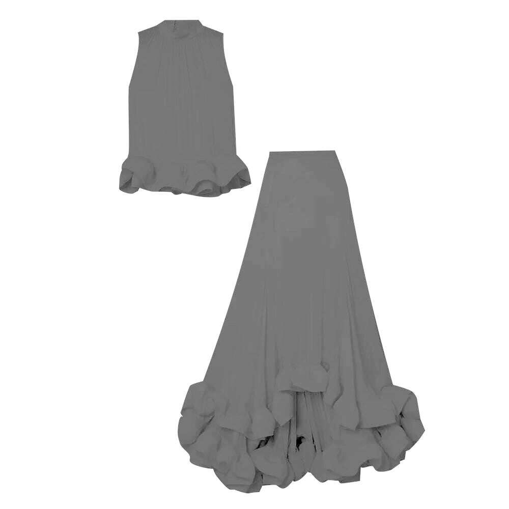 VGH Ruffle Temperament Two Piece Set For Women Sleeveless Tops Pleated Irregular Hem Skirts Fashion New Clothing 2023 Style - KIMLUD