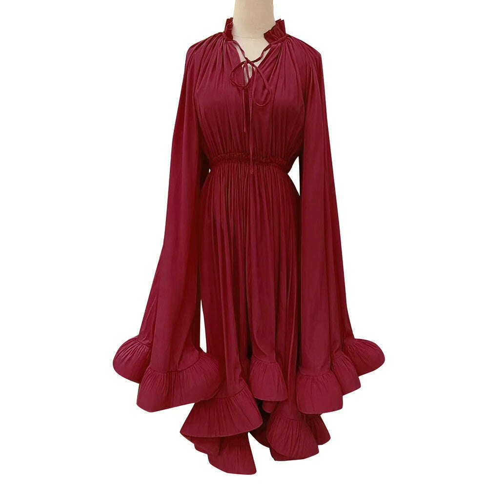 KIMLUD, VGH Ruffles Irregular Solid Dresses For Women V Neck Cloak Sleeves High Waist Spliced Lace Up Loose Folds Dress Female Summer, Winered / S, KIMLUD APPAREL - Womens Clothes