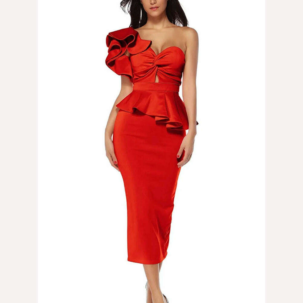 VGH Solid Elegant Two Piece Set For Women Strapless Petal Sleeve Top High Waist Spliced Ruffles Bodycon Skirt Slim Sets Female - KIMLUD