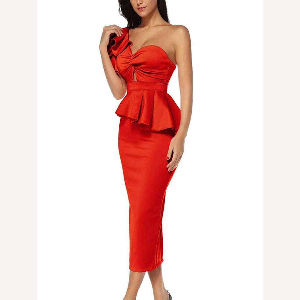 VGH Solid Elegant Two Piece Set For Women Strapless Petal Sleeve Top High Waist Spliced Ruffles Bodycon Skirt Slim Sets Female - KIMLUD