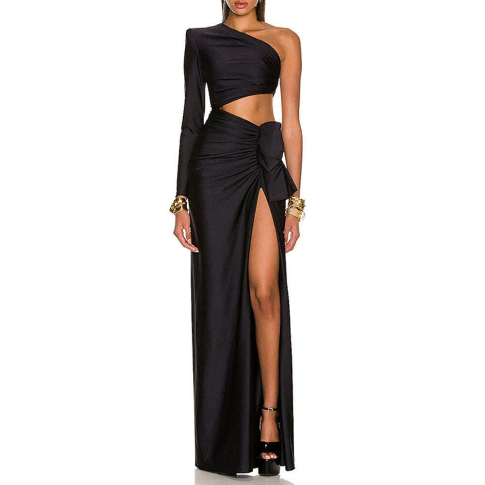 VGH Solid Hollow Out Sexy Dresses For Women Diagonal Collar One Shoulder Sleeve High Waist Temperament Split Thigh Dress Female - KIMLUD