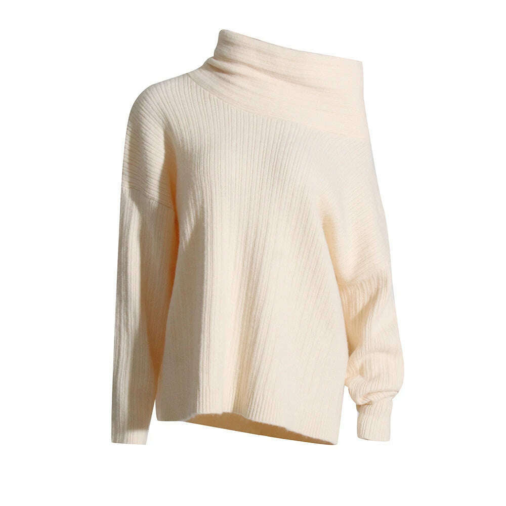 KIMLUD, VGH Solid Knitting Minimalist Loose Sweaters For Women Diagonal Collar Long Sleeve Off Shoulder Casual Pullover Sweater Female, APRICOT / One Size, KIMLUD APPAREL - Womens Clothes