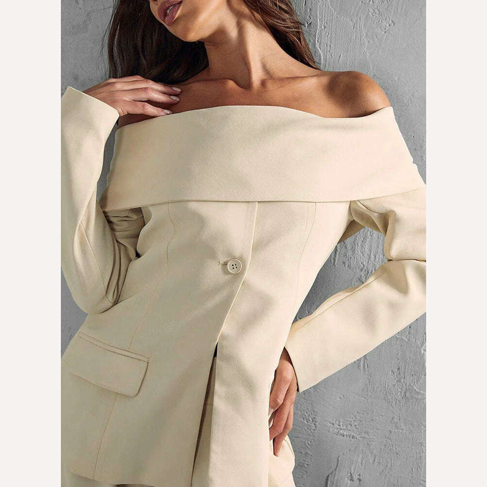 KIMLUD, VGH Solid Minimalist Blazers For Women Slash Neck Long Sleeve Off Shoulder Spliced Button Temperament Blazer Female Fashion New, KIMLUD Womens Clothes