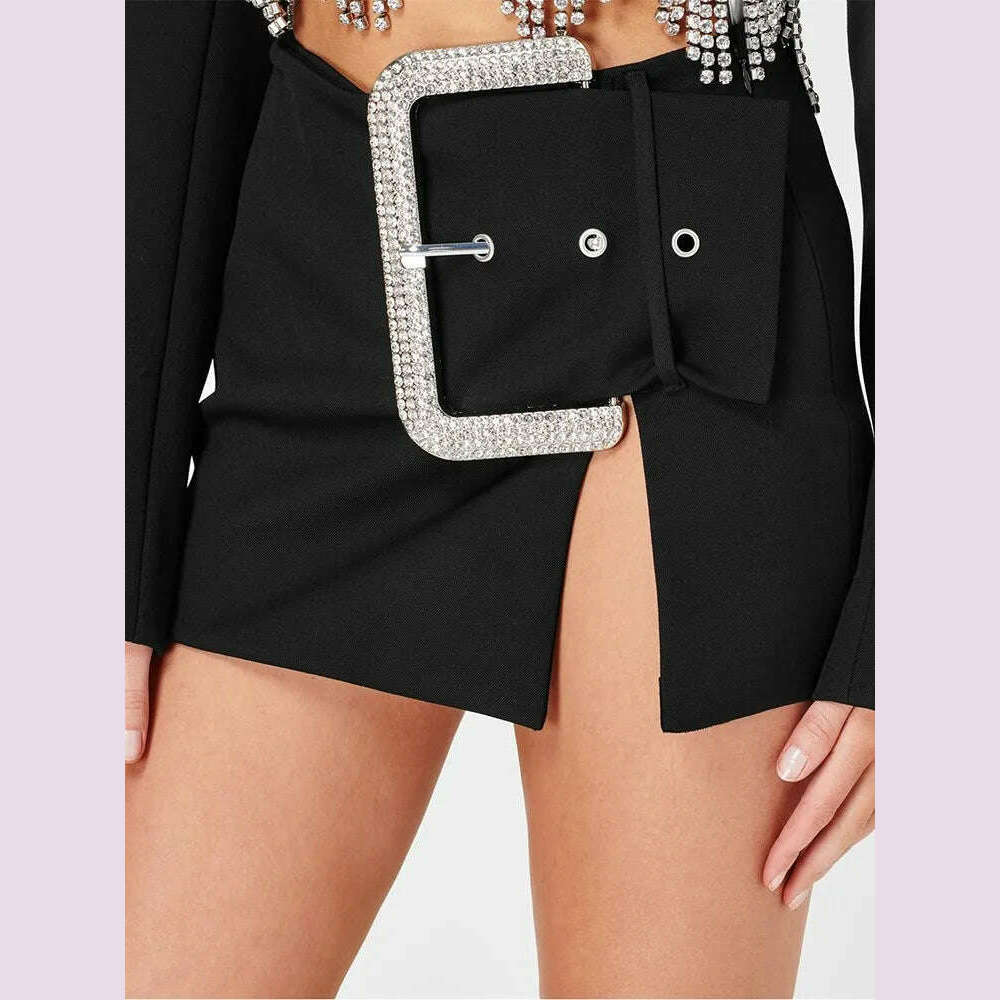 KIMLUD, VGH solid patchwork diamonds mini skirt for women high waist bodycon sexy slimming split short skirts female fashion clothes new, KIMLUD Womens Clothes