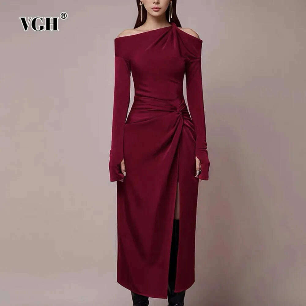 KIMLUD, VGH Solid Patchwork Folds Elegant Dress For Women Diagonal Collar Long Sleeve High Waist Temperament Split Dresses Female New, KIMLUD Womens Clothes