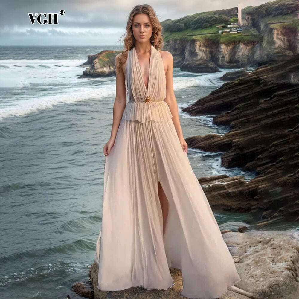 VGH Solid Patchwork Metal Pleated Dresses For Women Halter Sleeveless Backless High Waist Temperament Summer Dress Female New - KIMLUD