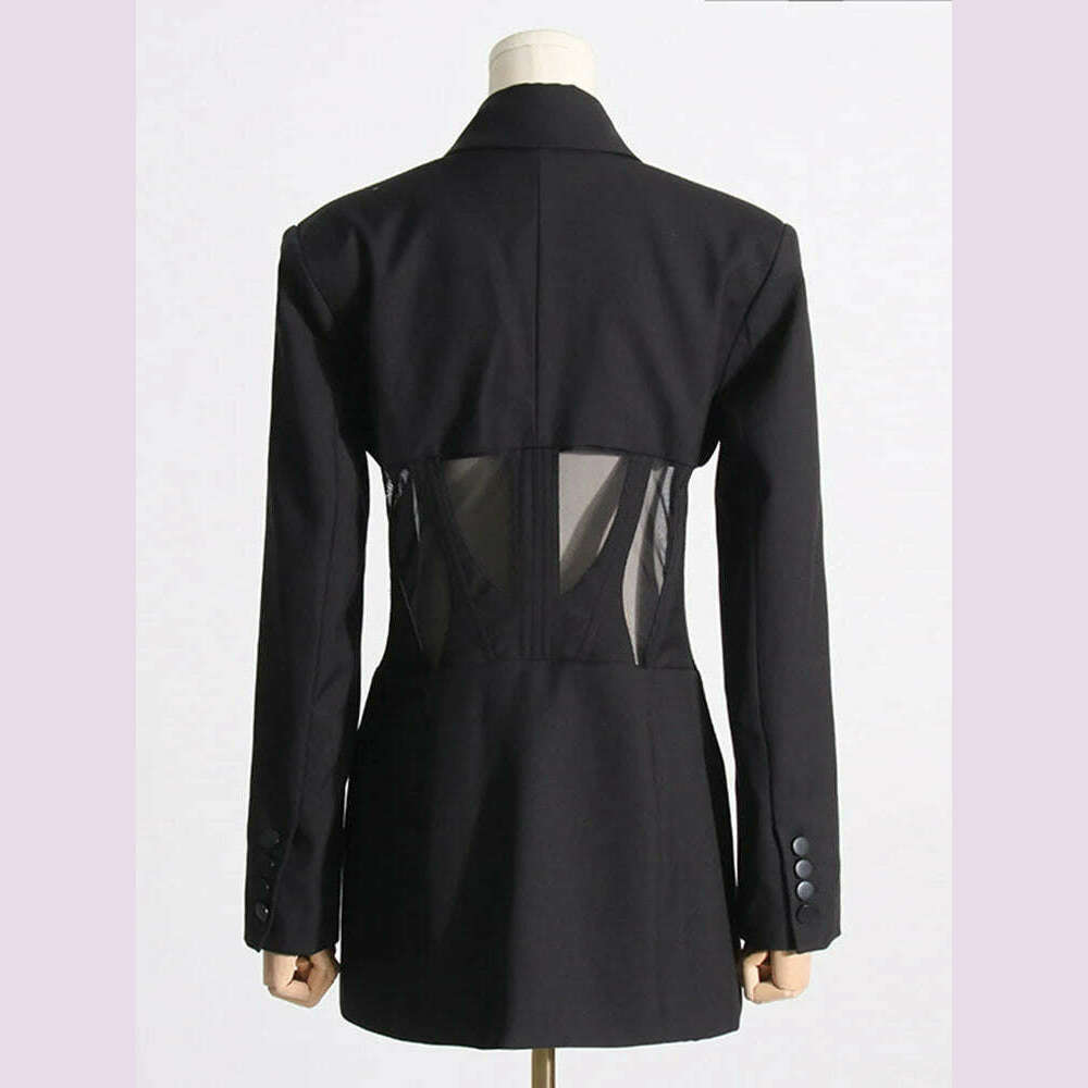 VGH Solid Patchwork Sheer Mesh Tunic Blazers For Women Notched Collar Long Sleeve Spliced Pockets Slimming Blazer Female Style - KIMLUD