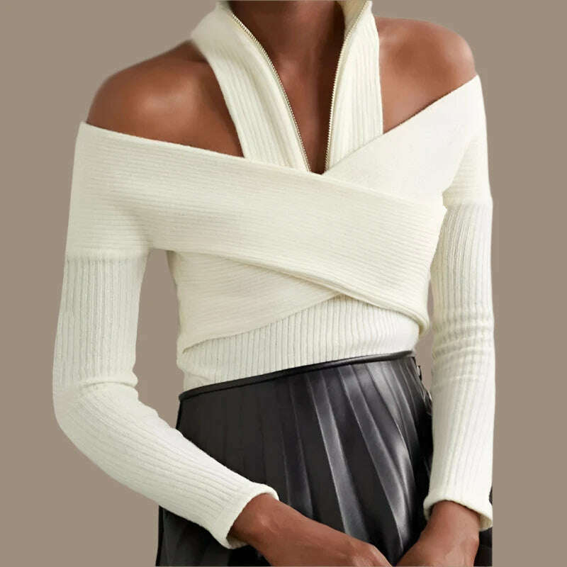 KIMLUD, VGH Solid Patchwork Zipper Off Shoulder Sweaters For Women Turtleneck Long Sleeve Hollow Out Slimming Sweater Female Fashion New, White / M, KIMLUD APPAREL - Womens Clothes