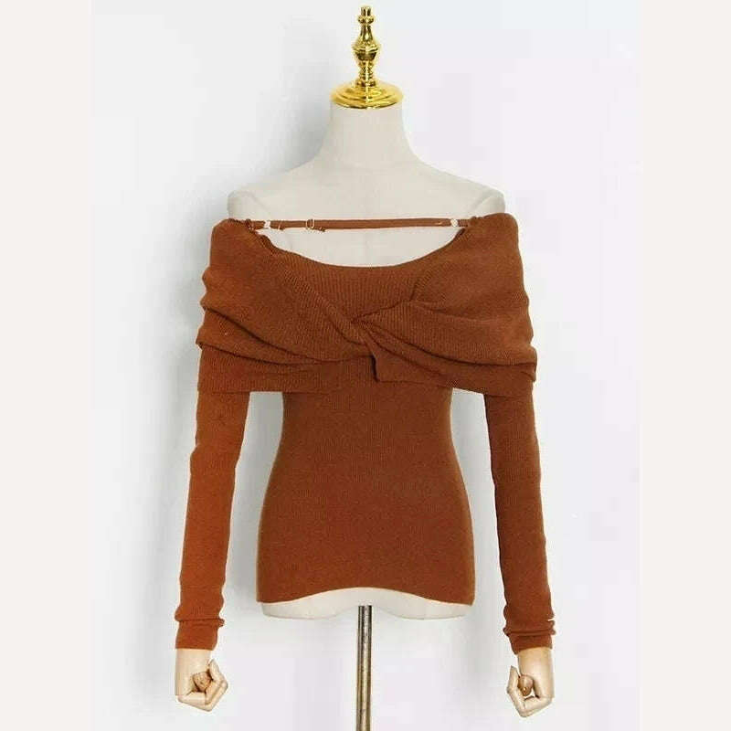 KIMLUD, VGH Solid Sexy Sweater For Women Slash Neck Long Sleeve Cut Out Slim Knitting Pullover Female Korean Fashion Clothing 2022 Style, Brown / S, KIMLUD APPAREL - Womens Clothes