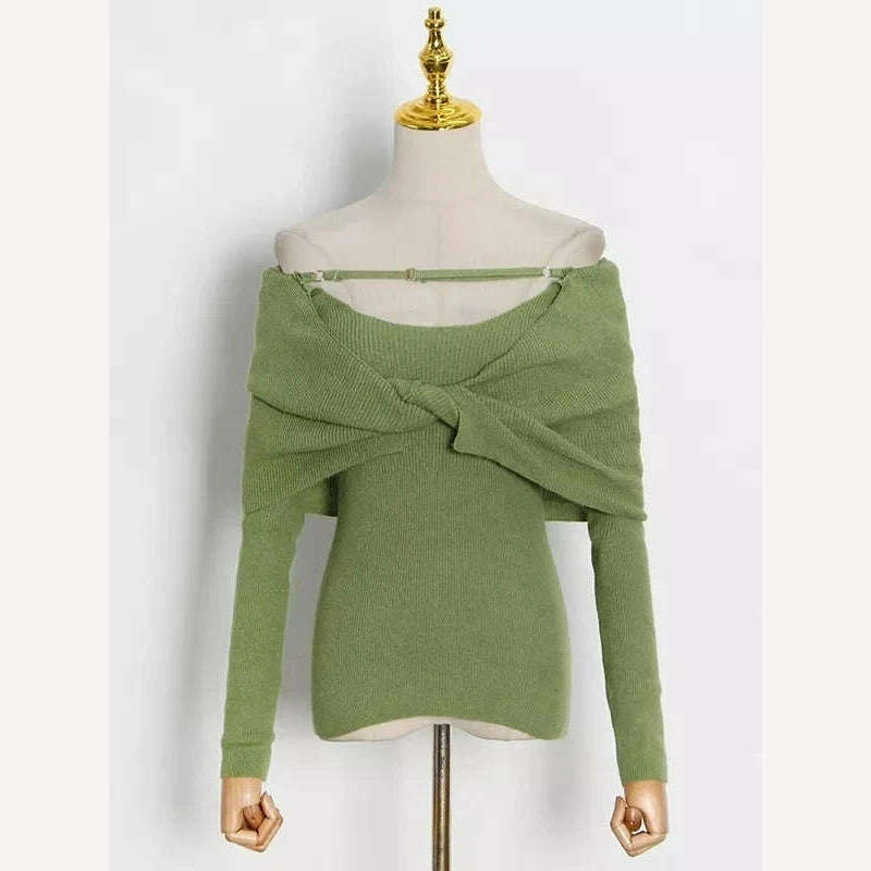 KIMLUD, VGH Solid Sexy Sweater For Women Slash Neck Long Sleeve Cut Out Slim Knitting Pullover Female Korean Fashion Clothing 2022 Style, Green / S, KIMLUD APPAREL - Womens Clothes