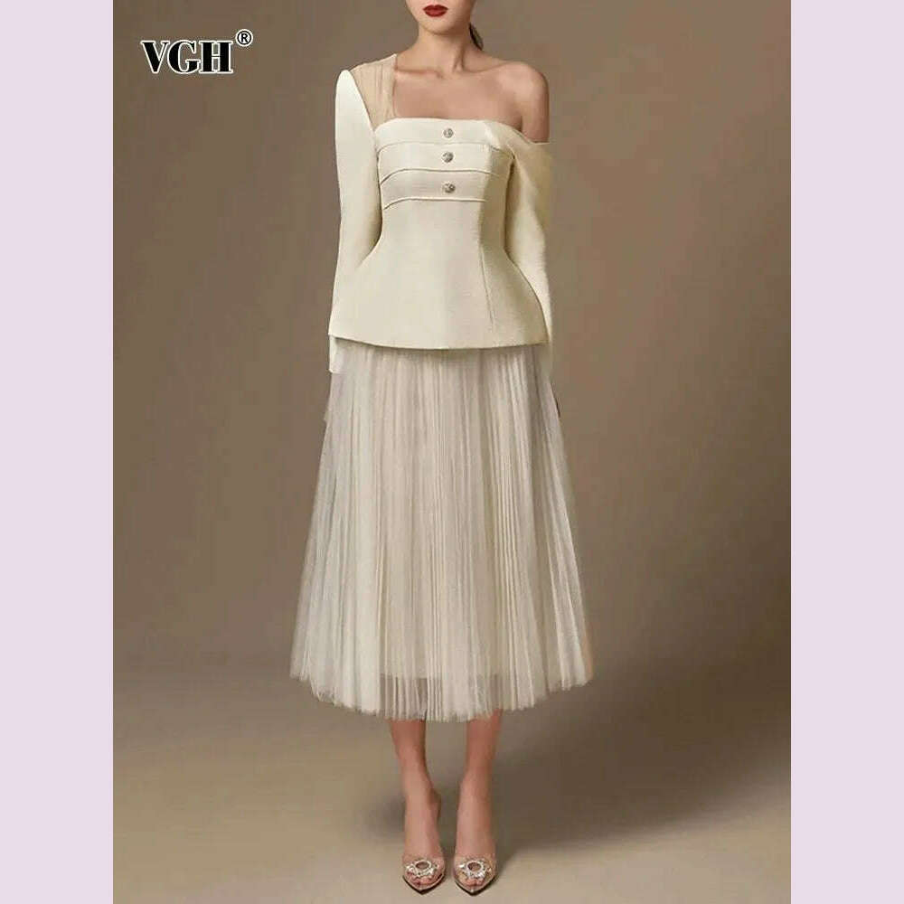 VGH solid two piece set for women Diagonal collar long sleeve spliced button top high waist a line skirt temperament sets female - KIMLUD