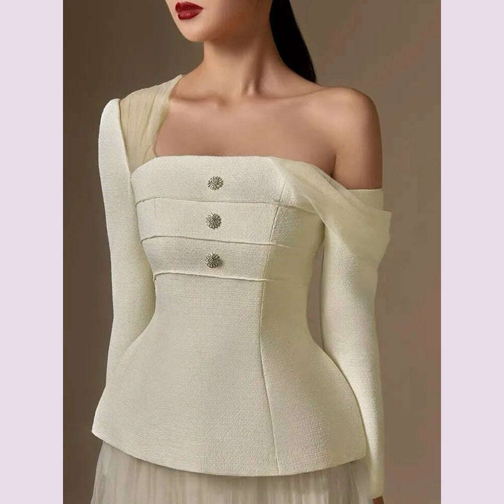 VGH solid two piece set for women Diagonal collar long sleeve spliced button top high waist a line skirt temperament sets female - KIMLUD