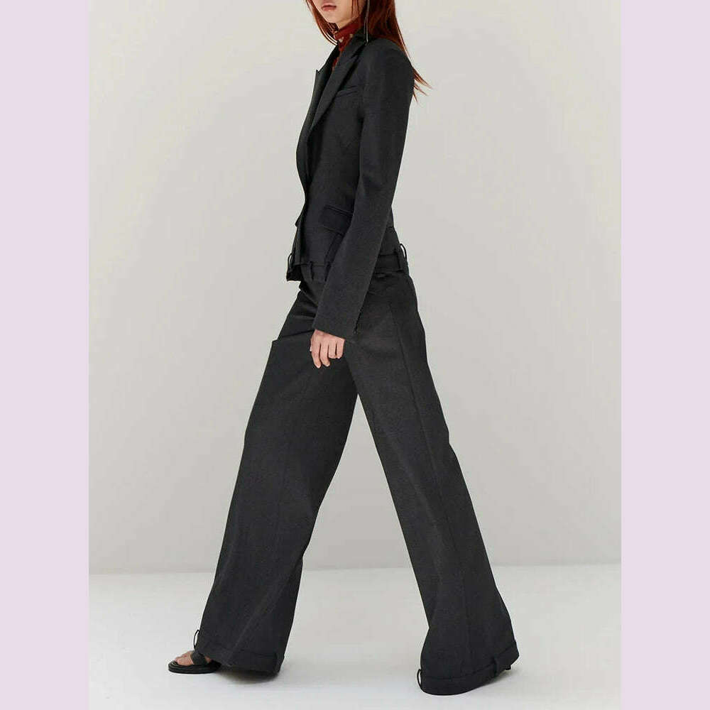 VGH Solid Two Piece Sets For Women Notched Collar Long Sleeve Irregular Blazers High Waist Wide Leg Pants Minimalist Set Female - KIMLUD